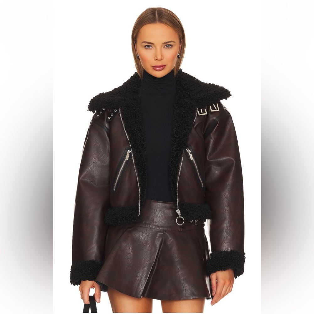 weworewhat Cropped sherpa moto jacket in dark patina & black sherpa size m